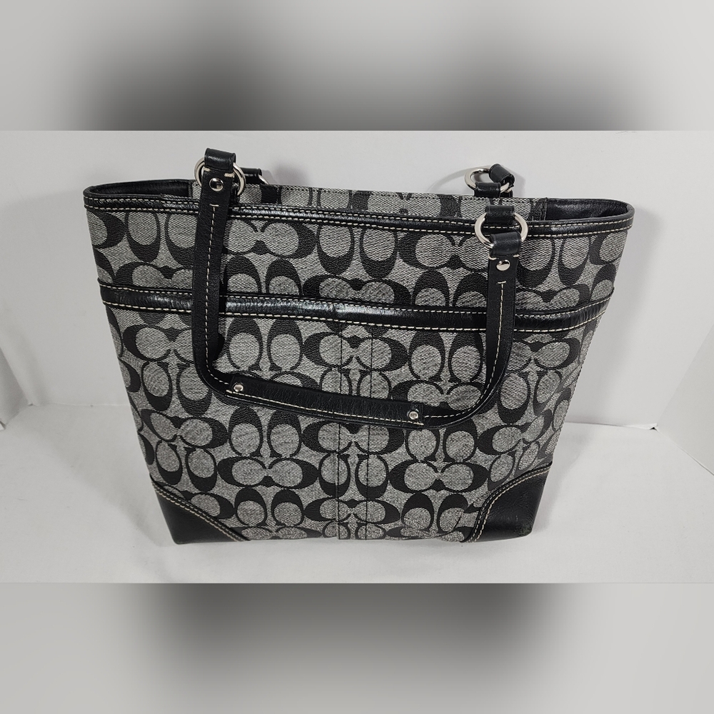 Coach Heritage Signature Chelsea Stripe Tote No. J0973-F14477 Gray Black Blue - Picture 2 of 16